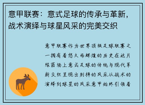 意甲联赛：意式足球的传承与革新，战术演绎与球星风采的完美交织