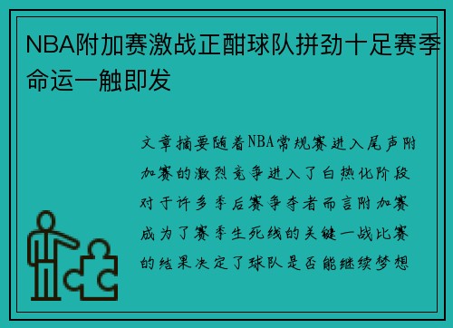 NBA附加赛激战正酣球队拼劲十足赛季命运一触即发