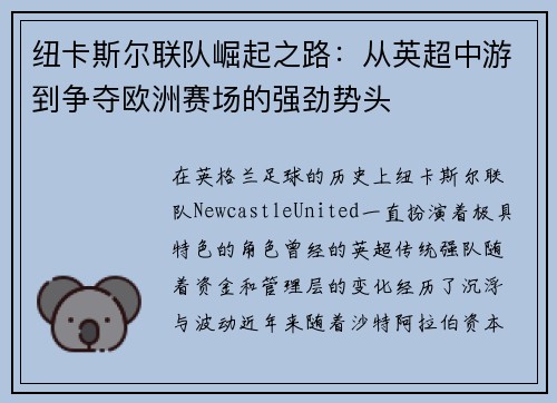 纽卡斯尔联队崛起之路：从英超中游到争夺欧洲赛场的强劲势头