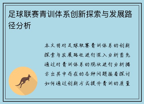 足球联赛青训体系创新探索与发展路径分析