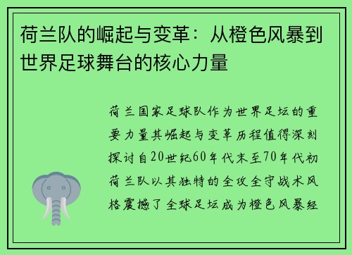 荷兰队的崛起与变革：从橙色风暴到世界足球舞台的核心力量