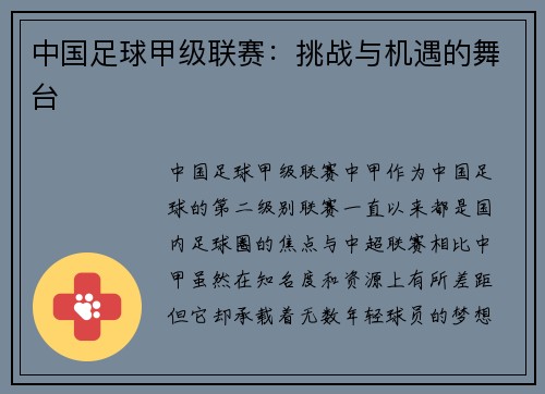 中国足球甲级联赛：挑战与机遇的舞台