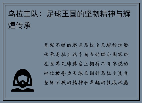 乌拉圭队：足球王国的坚韧精神与辉煌传承