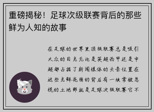 重磅揭秘！足球次级联赛背后的那些鲜为人知的故事