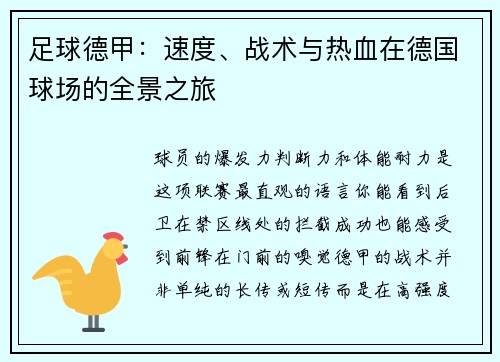 足球德甲：速度、战术与热血在德国球场的全景之旅