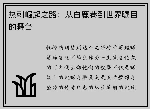 热刺崛起之路：从白鹿巷到世界瞩目的舞台