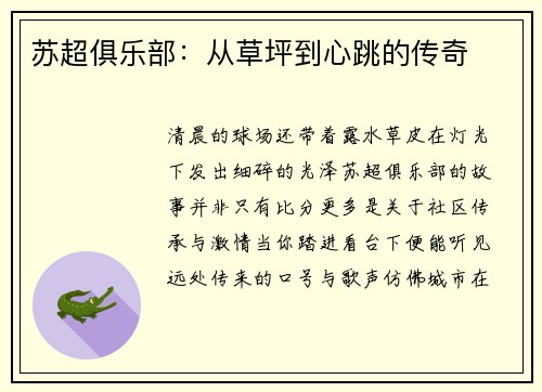 苏超俱乐部：从草坪到心跳的传奇
