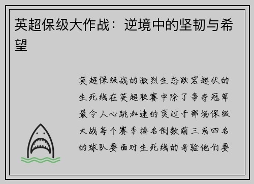 英超保级大作战：逆境中的坚韧与希望
